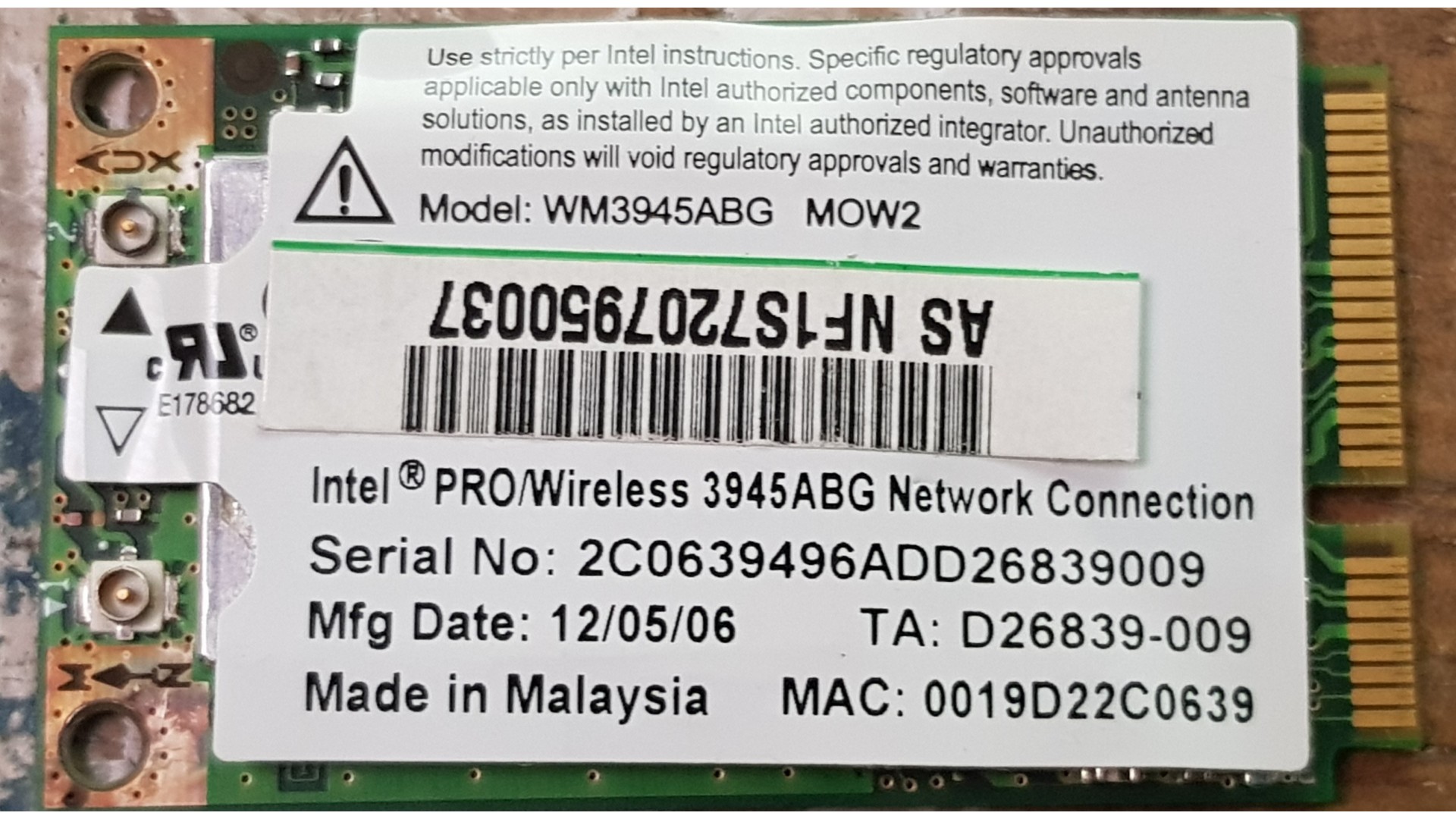 Intel Pro Wireless 3945ABG Dual Band WiFi adapter