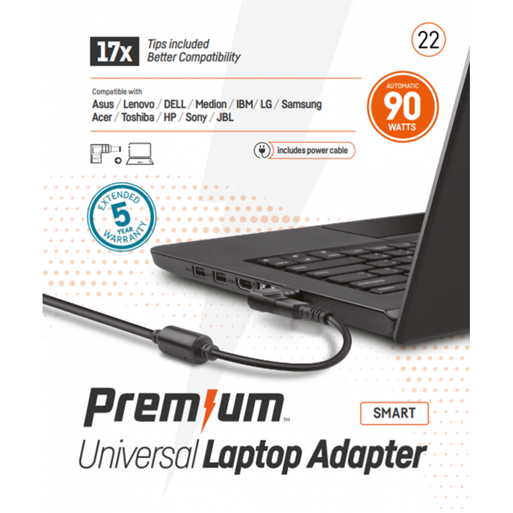 90 Watt Premium Universele AC adapter met 17 tips en 5 jaar garantie