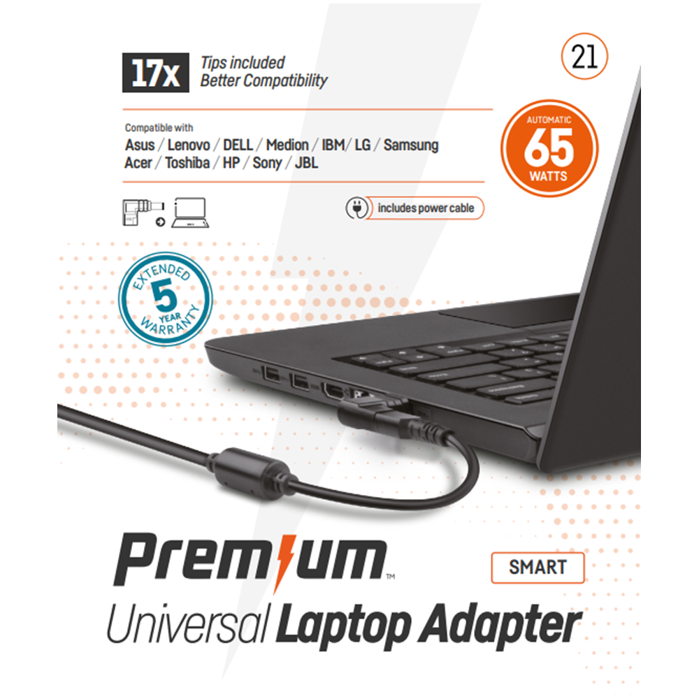 65 Watt Premium Universele AC adapter met 17 tips en 5 jaar garantie