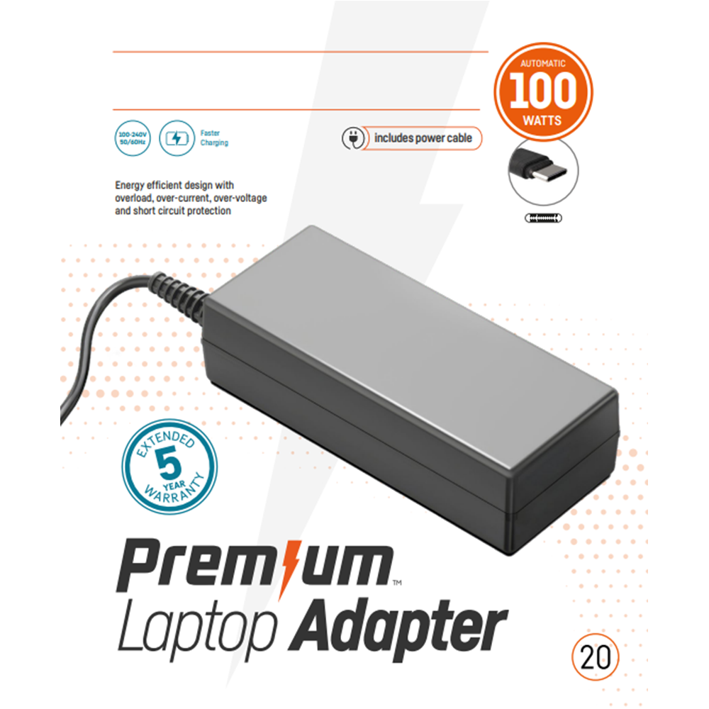 100 Watt USB-C Premium Retail adapter 5-20v 4.5A met 5 jaar garantie